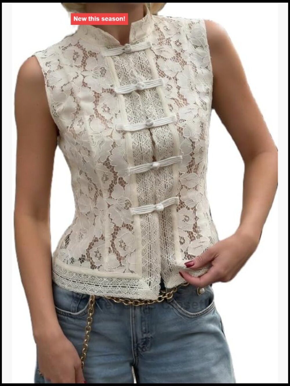 Sleeveless Mandarin Collar Lace Tank Top with Frog Buttons - Floral White